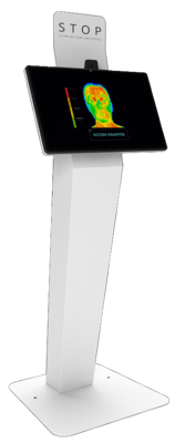Visitor management system kiosk with integrated temperature screening