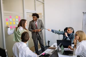 Employees meeting in a hybrid work office