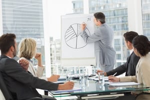 Businessman using data to draw a pie chart in a meeting
