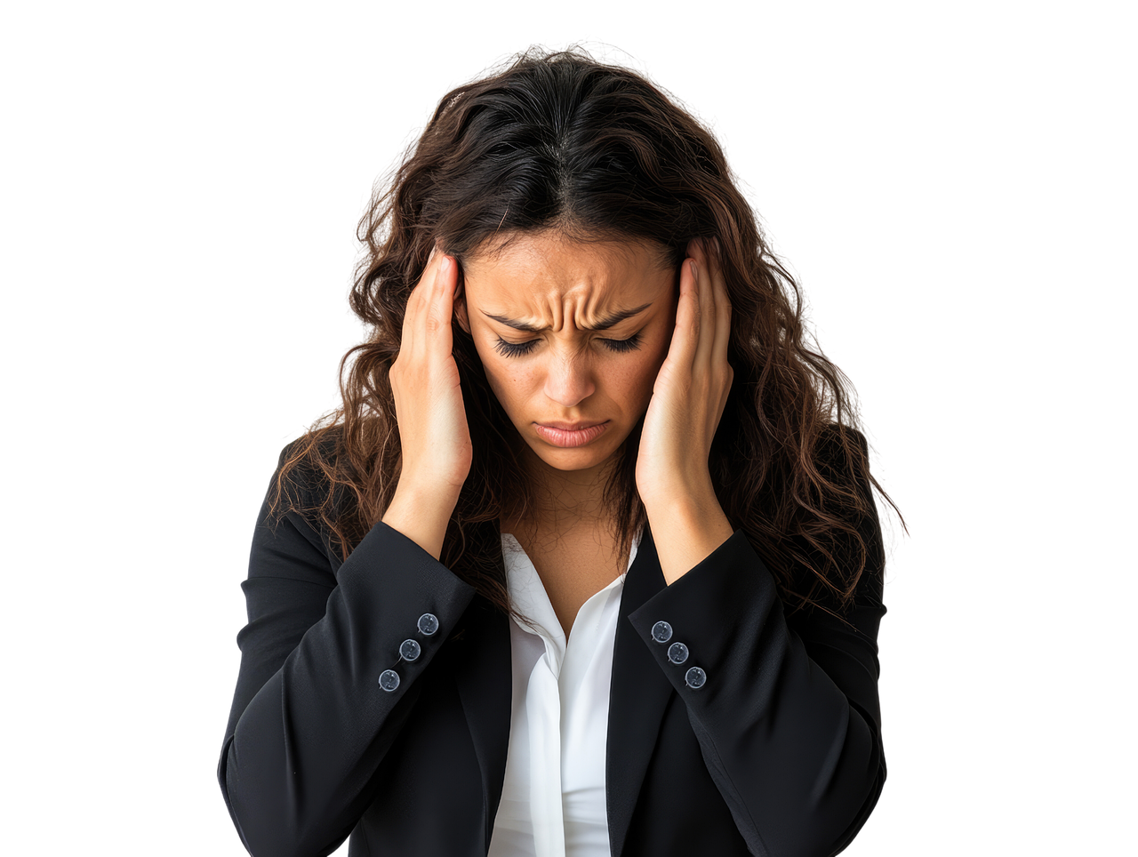 Depressed-business-woman-on-white-background