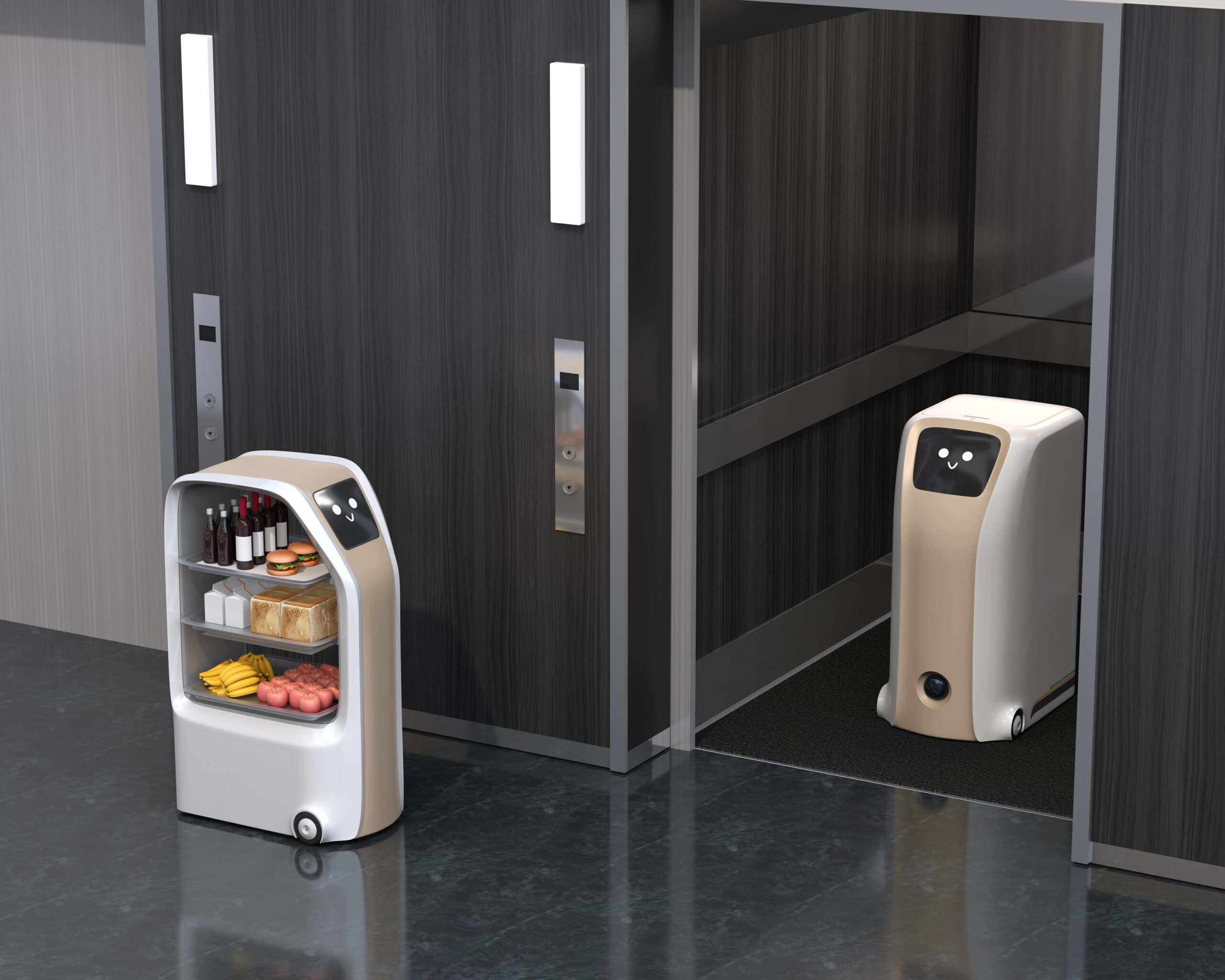 Delivery robot in elevator, another one carry food moving in the hall. Touchless delivery concept. 3D rendering image.
